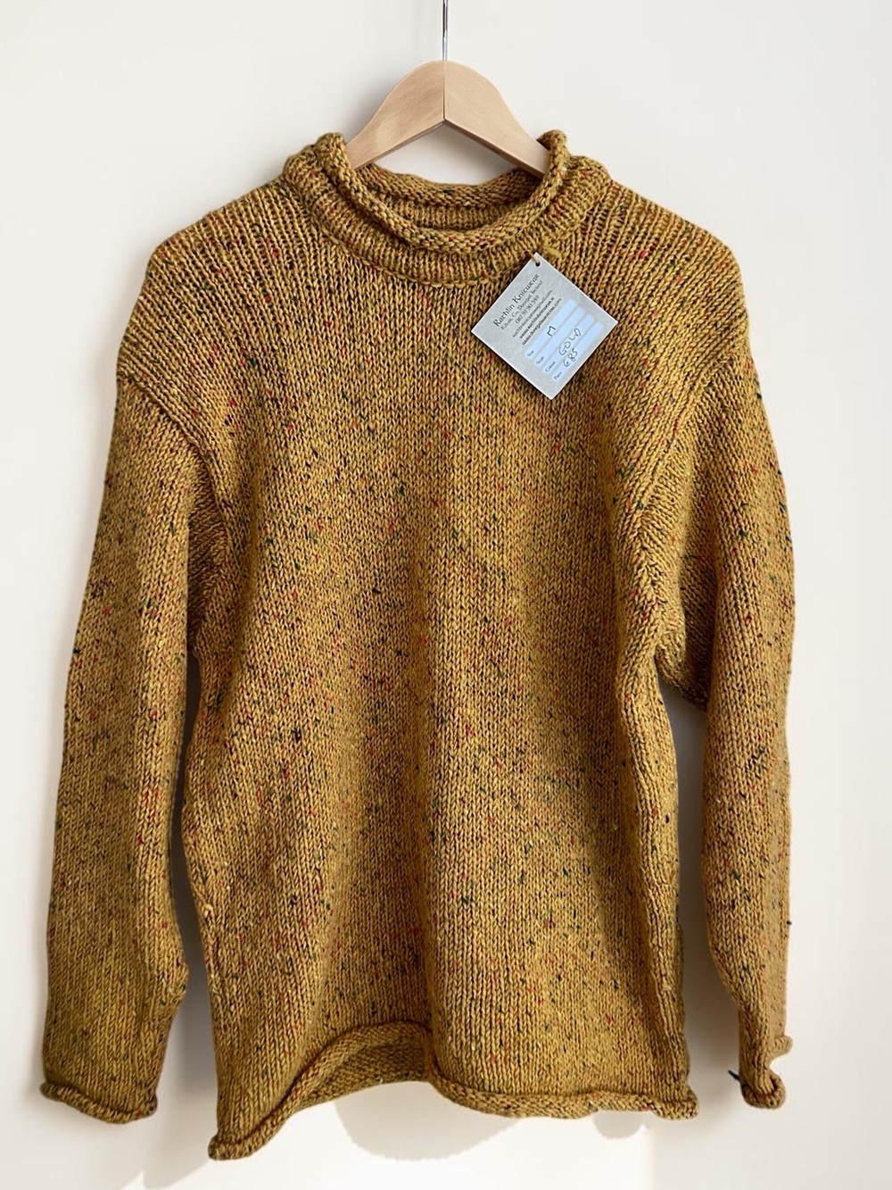 NWT Rathlin Donegal Ireland Hand Loomed Wool Sweater Mustard Flecked Knit Sz M